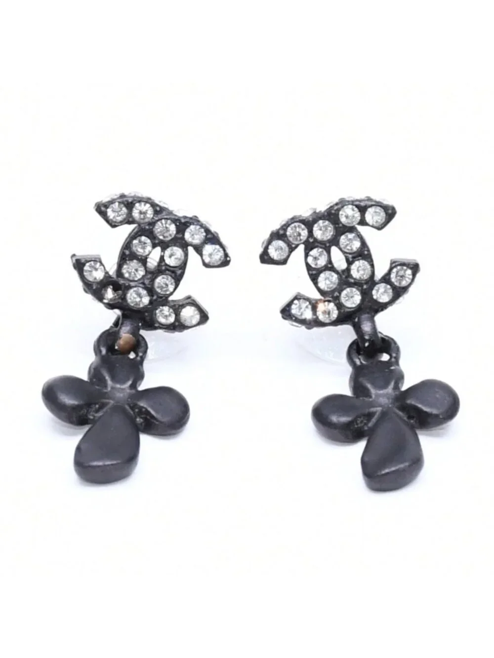 Chanel CC Logo Drop Earrings 01 Metal Rhinestone Black Clear